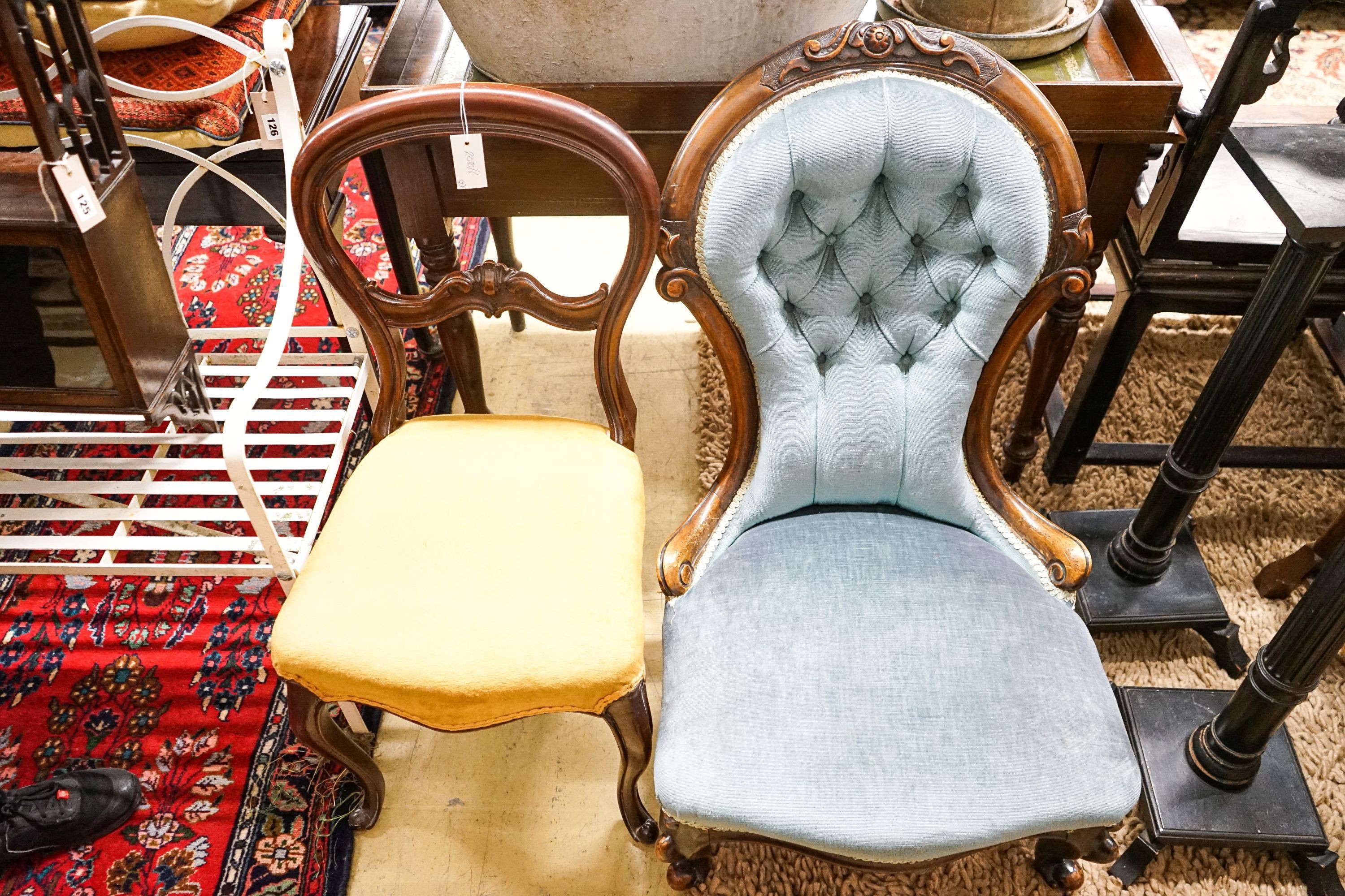 A Victorian spoonback nursing chair and a balloon back dining chair